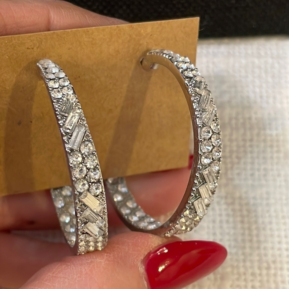 New! Elegant Silver Crystal Hoop Earrings